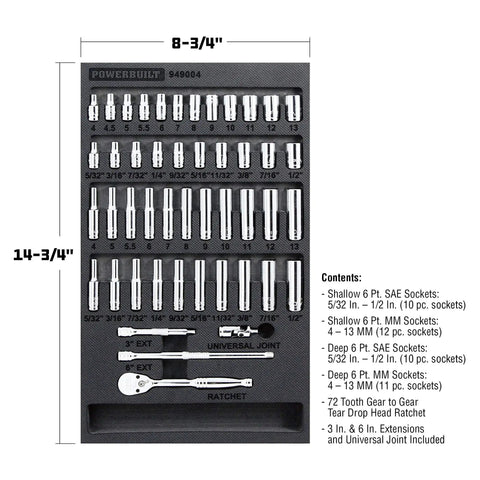 47 Piece Socket Set With Ratchet And Accessories, 1/4 Inch Drive, SAE And Metric Sockets, All In One Storage Tray, Model 949004