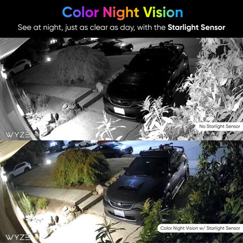 Comparison of two images showing a driveway with Color Night Vision Wired 1080p Indoor And Outdoor Security Camera with Starlight Sensor