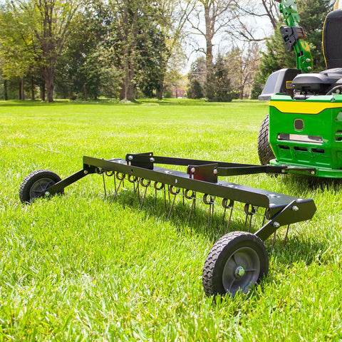 Tow Behind 48 Inch Grass Dethatcher For Big Lawns That Cleans Thatch Fast With Dual Row Of Flexing Spring Tines, Matte Black attached to mower