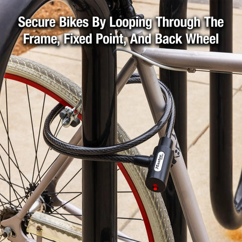 5 Ft Black Cable Bike Lock With Key Heavy Duty Braided Steel securing bike to rack