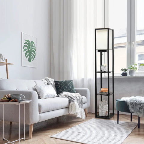 Black Floor Lamp Etagere Organizer With Linen Shade 3 Shelf Storage Stand Built In USB Ports And Charging Outlet Cozy Accent Lighting in living room
