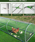 Outdoor Metal Chicken Run Tunnel for eight to twelve chickens, predator-proof, showing arched galvanized wires and steel frame.