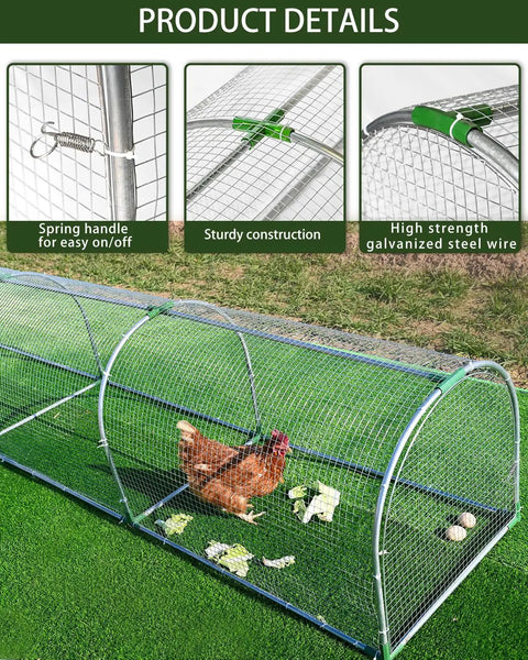 Outdoor Metal Chicken Run Tunnel for eight to twelve chickens, predator-proof, showing arched galvanized wires and steel frame.