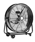 Industrial 24-Inch High Velocity Drum Fan With 215W Motor, heavy-duty metal housing, two wheels, front view