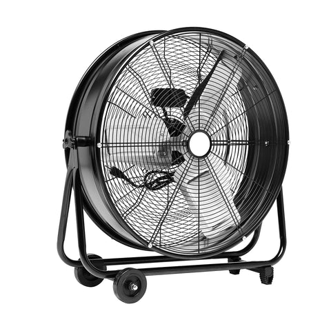 Industrial 24-Inch High Velocity Drum Fan With 215W Motor, heavy-duty metal housing, two wheels, front view