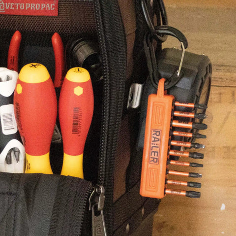 Double Square 5 Piece Bit Set For Impact Drivers on tool bag with carabiner and holder, visible S2 steel 8 point star and spline bits