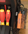 5 Piece Spanner Security Bit Set With Carabiner Holder Premium S2 Steel Drive Bits in a tool bag with screwdrivers and bits visible.