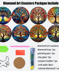 Diamond Art Coasters 8 Pack With Holder For Adults DIY Diamond Painting Coaster Kit 4X4 Inches Trees Design Heat Insulated Non Slip Protects Furniture Great Gift For Women And Men displayed with accessories and colorful tree designs.