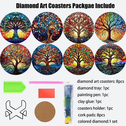Diamond Art Coasters 8 Pack With Holder For Adults DIY Diamond Painting Coaster Kit 4X4 Inches Trees Design Heat Insulated Non Slip Protects Furniture Great Gift For Women And Men displayed with accessories and colorful tree designs.