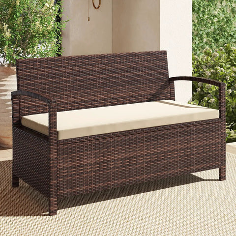 Outdoor Storage Bench With Cushioned Seat And Backrest 42 Gallon Rattan Deck Box With Acacia Wood Armrests And Sturdy Metal Frame