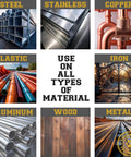 Image showing various materials like steel, stainless, copper, plastic, iron, aluminum, wood, and metal, highlighting the use on all materials.
