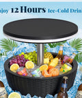 8 Gallon Cooler Bar Table With Adjustable Height 3 In 1 Outdoor Cooler Coffee Table And Bar Stand for parties, filled with drinks.