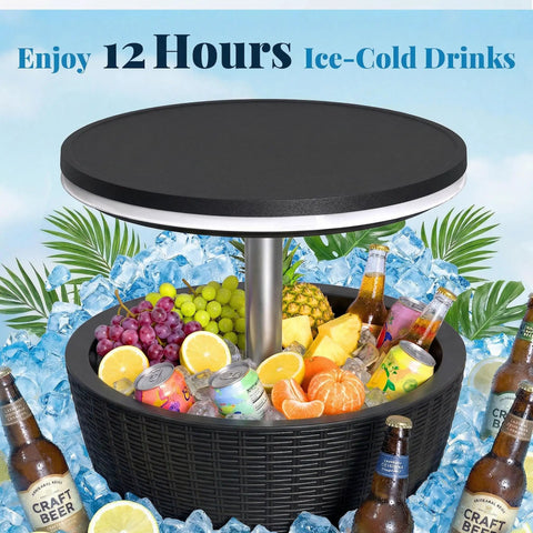 8 Gallon Cooler Bar Table With Adjustable Height 3 In 1 Outdoor Cooler Coffee Table And Bar Stand for parties, filled with drinks.