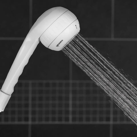 Sm451E 1.8 GPM PowerSpray Plus Shower Massage Head Upgrade with water flowing, handheld feature, white color, bathroom setting