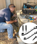 Technician using HVAC Air Conditioning Valve Ratchet Wrench Set with Dual Pneumatic Wrenches on outdoor AC unit, includes adapters for repair.
