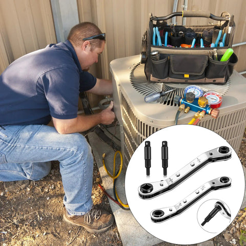 Technician using HVAC Air Conditioning Valve Ratchet Wrench Set with Dual Pneumatic Wrenches on outdoor AC unit, includes adapters for repair.