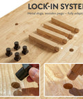Lock-in system on Beefy Rubberwood 60 Inch Workbench with metal dogs and wooden pegs for vise slot and bench dog holes.