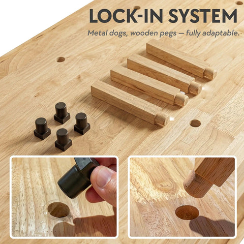 Lock-in system on Beefy Rubberwood 60 Inch Workbench with metal dogs and wooden pegs for vise slot and bench dog holes.