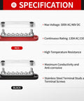 Heavy Duty 150 Amp 12 Volt Bus Bar Snap On Cover Dope Power Distribution Block specifications in red and black.