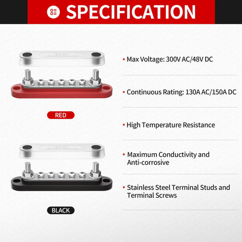 Heavy Duty 150 Amp 12 Volt Bus Bar Snap On Cover Dope Power Distribution Block specifications in red and black.