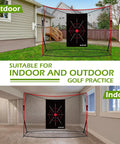 10x7ft Golf Net For Backyard Practice, Heavy Duty Hitting Net With Mat shown in outdoor and indoor settings