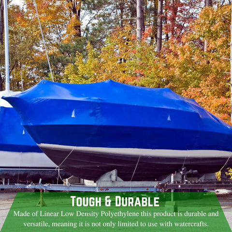 Polyethylene Shrink Wrap Roll 7 Mil Thick 14 Foot By 125 Foot Blue Marine Grade Film covering boats for winter storage.