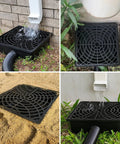 Low Profile Catch Basin Drain Kit Downspout Extensions 2 Inch ID Flexible Pipe 16.4ft Stretch 12x12 Basin Inlet Easy No Dig Install Rainwater Redirect Patio Flood Prevention installed in garden with water flow.