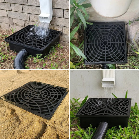 Low Profile Catch Basin Drain Kit Downspout Extensions 2 Inch ID Flexible Pipe 16.4ft Stretch 12x12 Basin Inlet Easy No Dig Install Rainwater Redirect Patio Flood Prevention installed in garden with water flow.