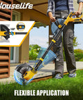 Person using 3 In 1 Cordless String Trimmer Tool Only, 12 Inch Auto Feed Weed Eater, Lightweight Electric Weed Wacker And Edger For Lawn And Garden, Compatible With 20V Max Batteries, Battery Not Included, Ideal For Yard Work next to a house.