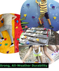 Sets Of 25 Multi Colored Rock Climbing Holds For Indoor And Outdoor Walls on playgrounds, showing textured colorful grips in use.