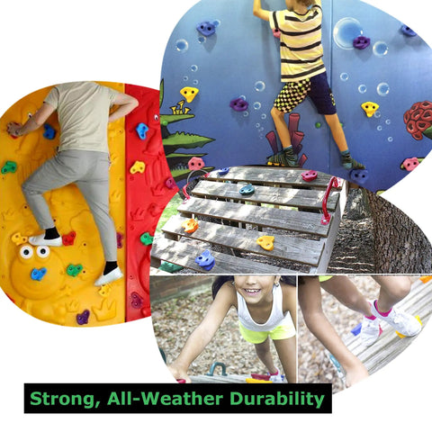 Sets Of 25 Multi Colored Rock Climbing Holds For Indoor And Outdoor Walls on playgrounds, showing textured colorful grips in use.