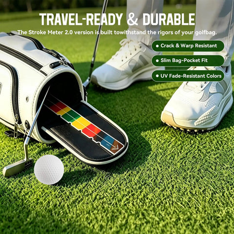 2 Pack Golf Putting Ruler And Stroke Meter 2.0 Training Aid With Color Coded Guides For Precise Distance Control And Smooth Putt Like A Boss Master Your Putt Consistency On The Green Everyday Practice Tool For Serious Players. White color-coded putting trainer in golf bag
