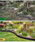 Before and after using No Dig Landscape Edging Kit 3 Inch Tall 40 Feet Black Border System with 45 U Shaped Nails for yard borders