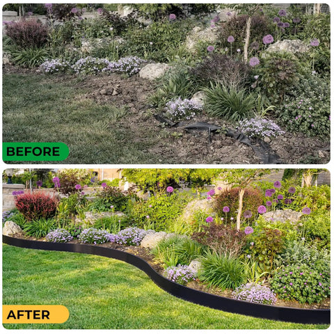 Before and after using No Dig Landscape Edging Kit 3 Inch Tall 40 Feet Black Border System with 45 U Shaped Nails for yard borders