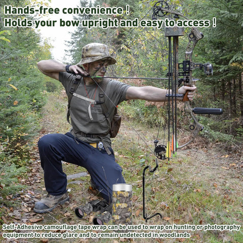 Hunter using 2 Pack Ground Bow Holder Set For Hunting Practice Ready To Go Ground Stake Bow Stand With Rubber Coated Build outdoors