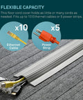 Ultra Slim 15ft Cable Blanket Cord Protector on carpet holding multiple cables, showing flexible capacity for high capacity wires.