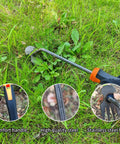 Dual Purpose 4-Teeth Weeder Tool With Rubber Handle in use on grass, close-ups of handle, steel construction, and four teeth head