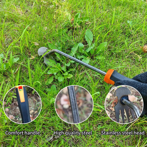 Dual Purpose 4-Teeth Weeder Tool With Rubber Handle in use on grass, close-ups of handle, steel construction, and four teeth head