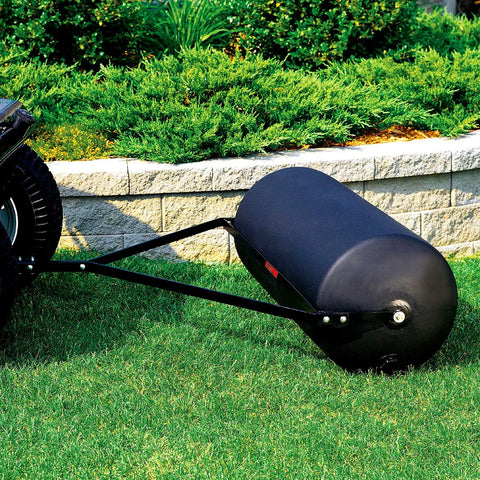 Heavy Duty Tow Behind Poly Lawn Roller 42 Gallon 390 Pound Capacity with 18 by 36 Drum shown on lawn
