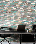 Office with 3D Reclaimed Barn Wood Wall Panels Set Of 10 In Montauk Blue, Diy Glue And Nails Install, Premium Weathered Slat Panels Covering 9.5 Sq Ft Per Box, Handmade Rustic Wall Decor For Living Room And Accent Walls