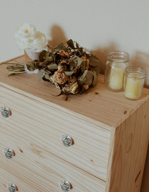 Wooden dresser with 12 Pack Ceramic Cabinet Knobs With Reversible Metal Backplates For Kitchen And Wardrobe Handmade Floral Knobs