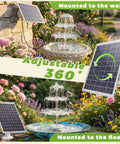 6.5W Solar Bird Bath Fountain With Lights, 3 tier water feature, wall and floor mounted solar panel, garden decor