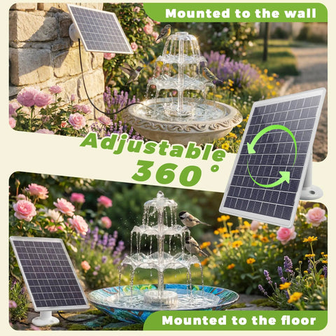 6.5W Solar Bird Bath Fountain With Lights, 3 tier water feature, wall and floor mounted solar panel, garden decor