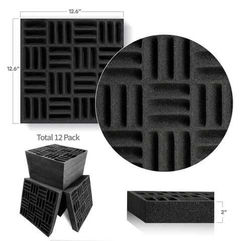 Bang For Buck Black Acoustic Foam Panels 12 Pack, 12.6 inch square tiles, 2 inch thick, for sound absorption in creative setups.