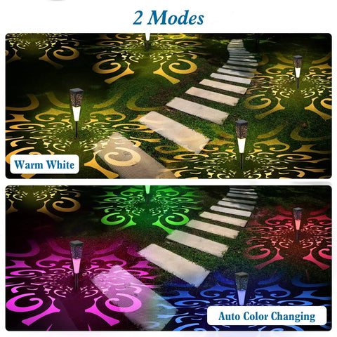 Solar Powered Pathway Lights 4 Pack Multicolor Outdoor Garden Lights IP67 Waterproof For Walkways showing color modes.