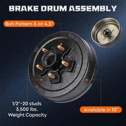 Brake drum assembly, front view, 10in diameter, 5 on 4.5in bolt circle, 3,500 lb capacity for Dexter RV brakes