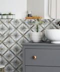 Harmonia Marrakech Blue 13x13 Ceramic Tile For Floor And Wall Use, Glazed With Subtle Texture And Low Sheen, PEI IV Rated, shown on wall