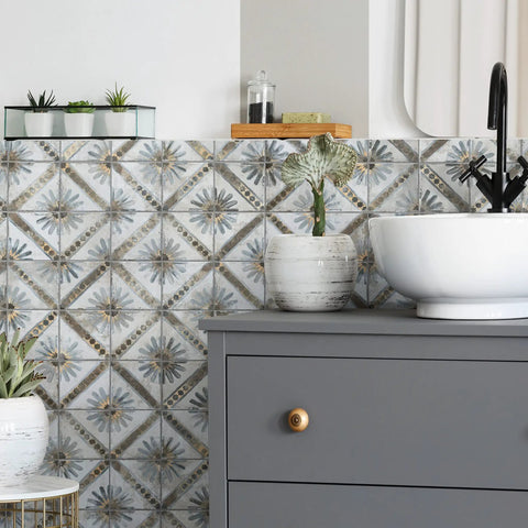 Harmonia Marrakech Blue 13x13 Ceramic Tile For Floor And Wall Use, Glazed With Subtle Texture And Low Sheen, PEI IV Rated, shown on wall