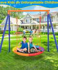 Children playing on a Rainbow Saucer Swing With Stand for Kids Outdoor Playset in a backyard, showing the colorful swing and sturdy frame.