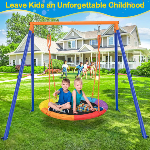 Children playing on a Rainbow Saucer Swing With Stand for Kids Outdoor Playset in a backyard, showing the colorful swing and sturdy frame.